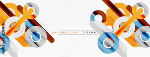 Abstract geometric shapes, orange, blue, brown. Modern design elements create dynamic visual flow. Clean lines, simple composition.