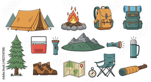 Camping icons including tent, backpack, and outdoor gear on