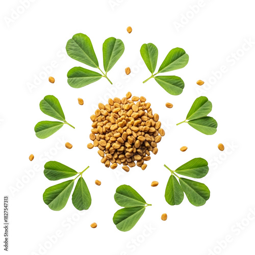 Fenugreek seeds and leaves isolated on transparent background.