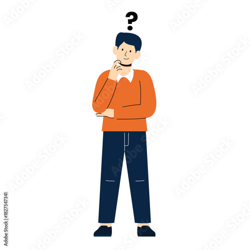 Man in thoughtful pose. ideal for creativity, problem-solving, brainstorming, innovation, planning, decision-making, strategic thinking. Simple flat
