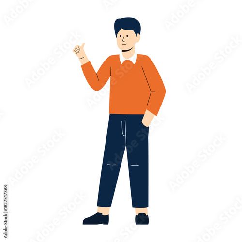 man pointing thumbs at himself with cheerful smile illustration , Smiling businessman giving thumbs up, confident and successful pose.
