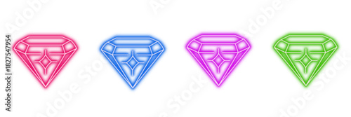Neon glowing diamond vector icons set, gemstone, jewel, luxury, wealth, treasure, sparkle, modern vibrant colorful digital design illustration on transparent background.
