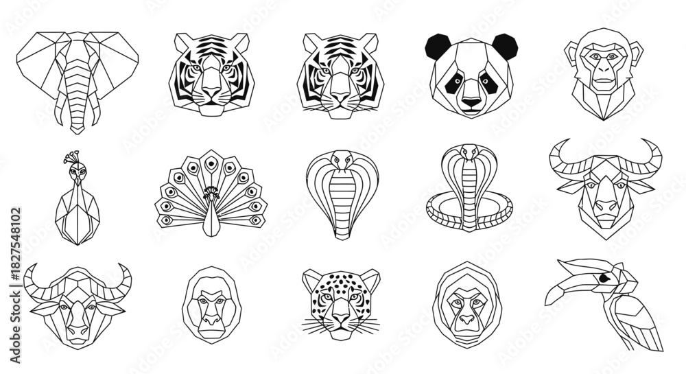 Fototapeta premium Collection of geometric animal head outlines in black and white, including elephant, tiger, panda, monkey, peacock, cobra, and bull.