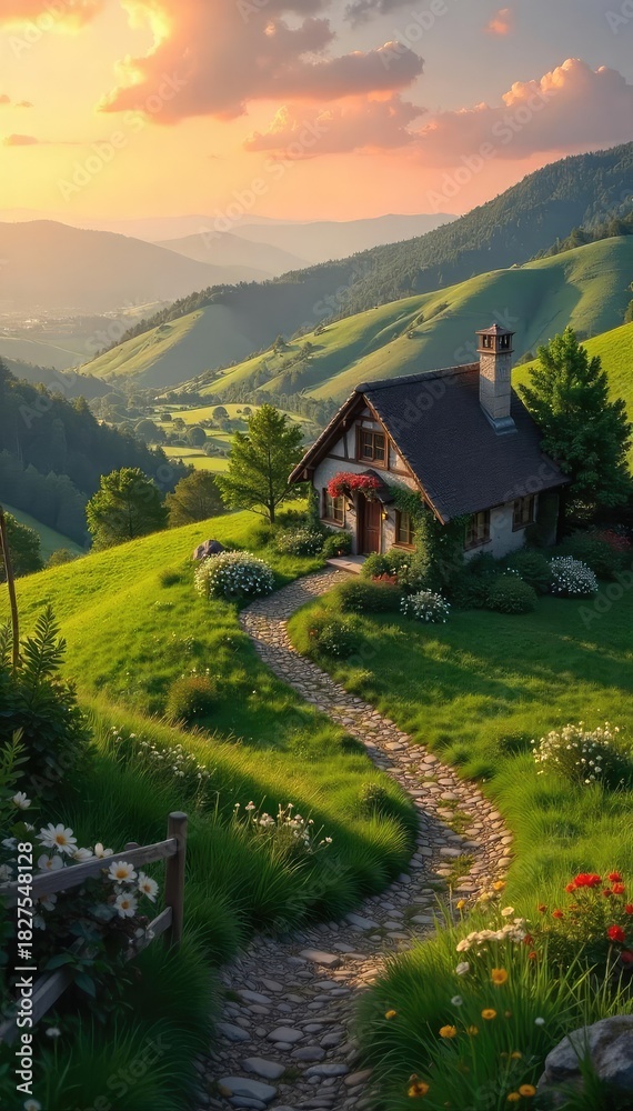 Fototapeta premium A cozy cottage nestled amongst rolling green hills, bathed in the warm glow of sunset Perfect for representing dreams of peaceful country living and idyllic escapes , garden, rustic