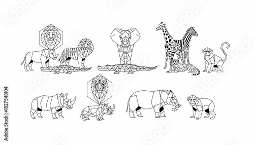Line art illustration featuring a collection of stylized African animals including lions, giraffe, zebra, monkey, rhino, elephant, cobra, and crocodile.