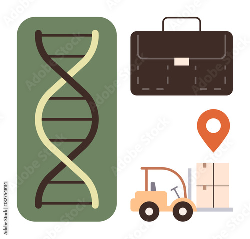 DNA strand, business briefcase, forklift with boxes, and location pin suggest science, research, business, logistics, location-based services innovation and teamwork. Ideal for concepts of supply