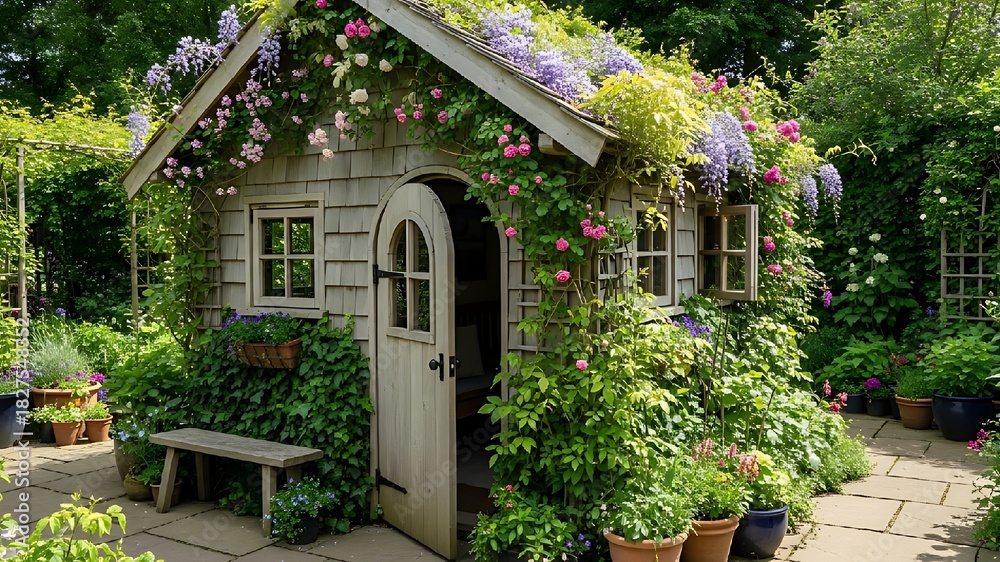 Fototapeta premium Enchanting garden shed covered in flowers