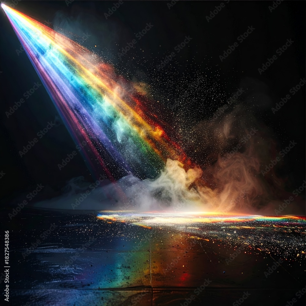 Naklejka premium Vibrant Rainbow Light Beam Illuminating Dark Landscape with Reflective Surface and Haze.