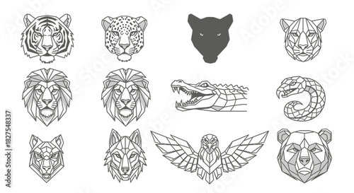 Collection of stylized animal head illustrations, showcasing various wildlife creatures in geometric line art.