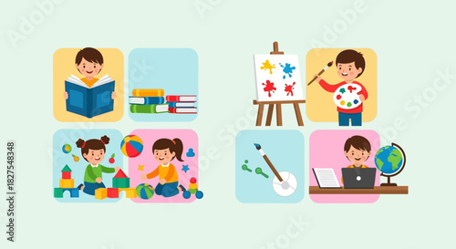 Happy children engaging in various activities such as reading and painting