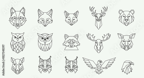 Geometric line art portraits of various wild animals, in a minimalist style.