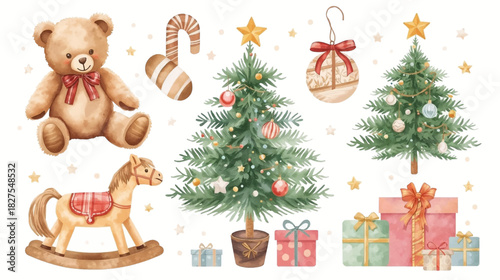 A charming watercolor illustration of Christmas decorations including a teddy bear, rocking horse, gifts, and festive trees on a white background.