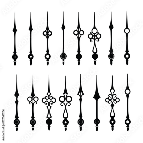 Collection of Vintage Clock Hands Silhouettes on White Background Keywords: clock hands, vintage