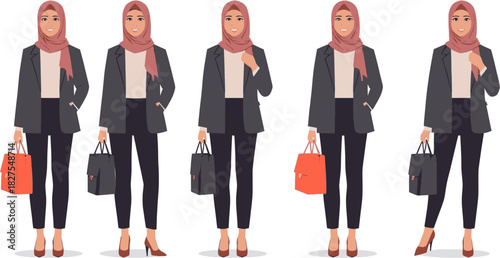 A series of illustrations depict a stylish woman wearing a hijab and business attire, holding a handbag, in various poses.