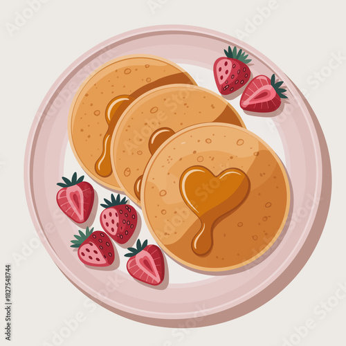 A delightful illustration of fluffy pancakes topped with fresh strawberries and syrup, capturing the joy and warmth of a perfect breakfast scene or brunch idea.