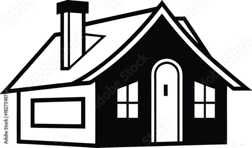 Simple black and white illustration of a charming house with chimney