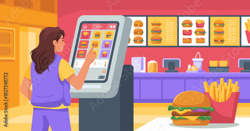 A female customer is interacting with a digital kiosk at a fast food restaurant, showcasing a vibrant and modern dining experience with burgers and fries.