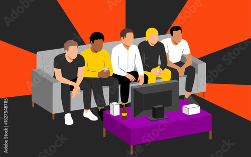 A lively scene showcasing five friends seated together on a couch, engaging in a gaming session with focused expressions and drinks, embodying camaraderie and entertainment.
