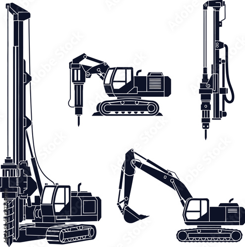 Dark blue silhouette illustrations of construction drilling and excavating machines machinery