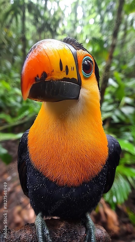 Fototapeta premium Extreme close-up portrait of a toucan's face with vibrant orange and yellow plumage photo