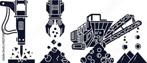 Demolition and Crushing Equipment with Rocks Keywords: demolition, equipment, crusher, jackhammer, grapple, rocks, debris