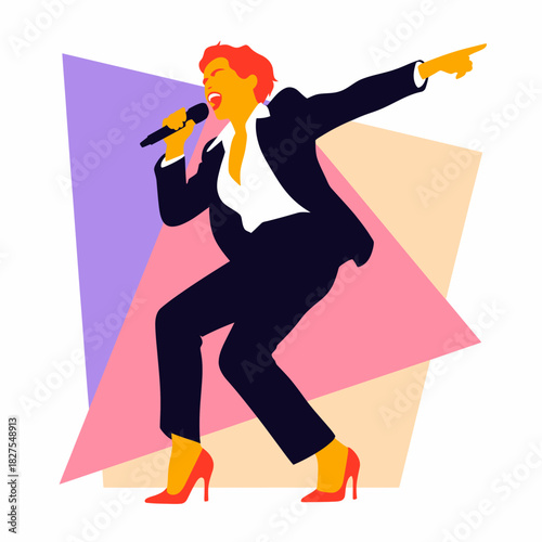 This dynamic illustration shows a passionate singer belting out a tune on stage, conveying energy and emotion through expressive body language and vibrant colors.