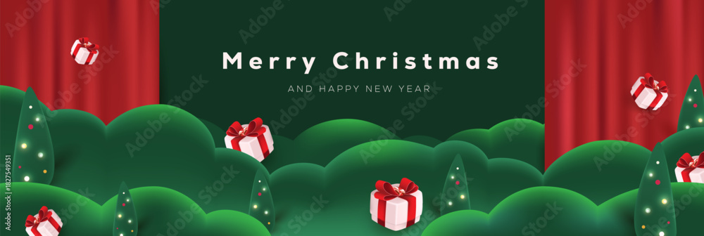 Obraz premium Festive Christmas banner background with gift boxes and decorated trees suitable for holiday greetings and seasonal designs
