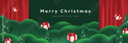 Festive Christmas banner background with gift boxes and decorated trees suitable for holiday greetings and seasonal designs