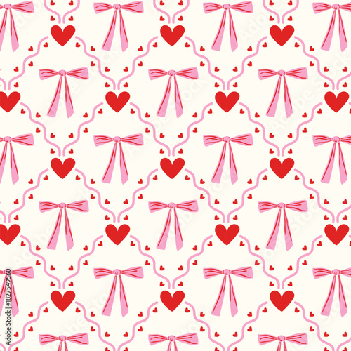 Seamless pattern with red hearts and pink bows. Romantic background for Valentine's Day. Festive textile wrapping paper design in doodle style.