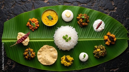 Traditional South Indian Meal Served on a Banana Leaf South Indian food thali