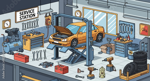 Car service station with tools and equipment for repair and maintenance