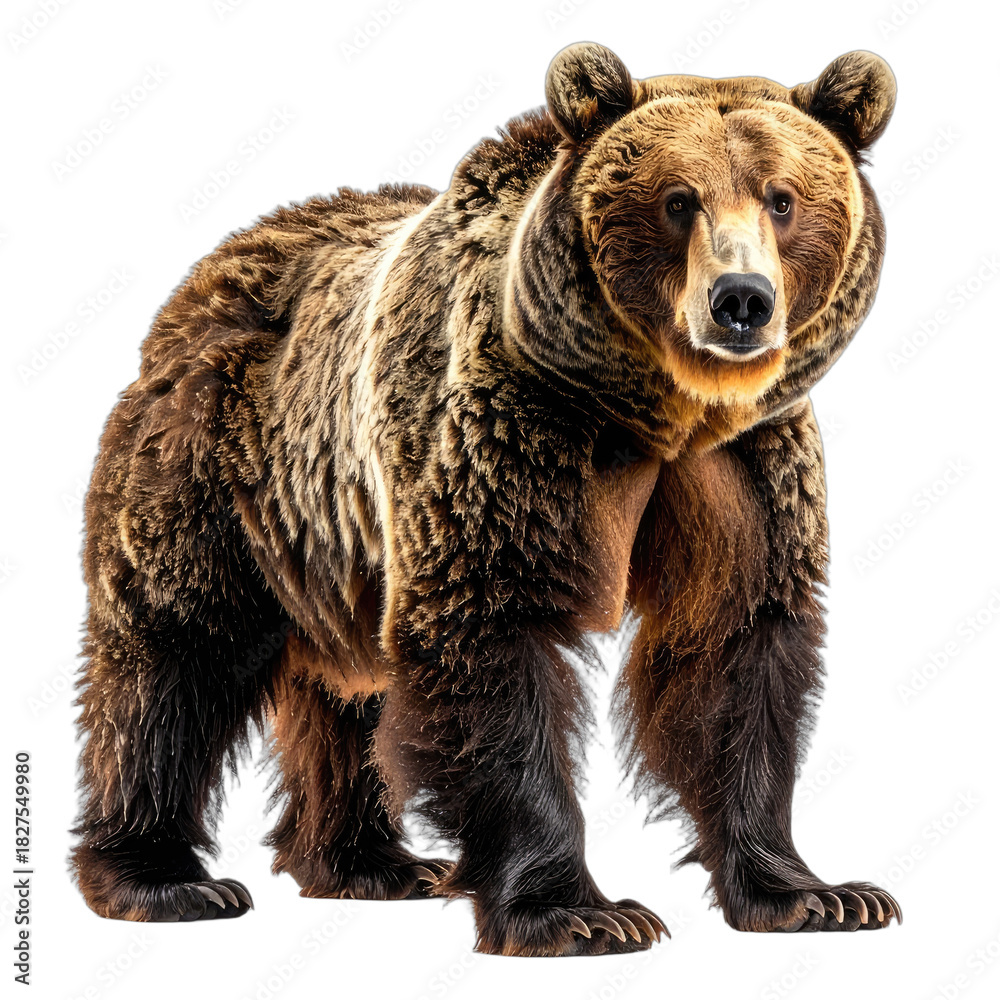 Fototapeta premium A detailed portrait of a massive brown bear against a stark black background.