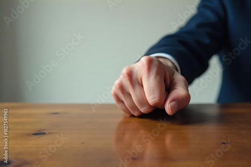 A single, clenched fist slams down on a wooden table, radiating frustration and rage The scene is stark, emphasizing the raw emotion of uncontrolled anger , upset, desk