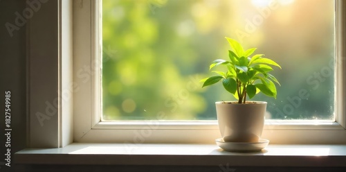 A single potted plant sits alone on a windowsill, bathed in sunlight The focus is on the isolation and solitude of the plant, emphasizing its delicate beauty in a quiet space , quiet, sprout, leaf