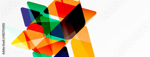 Abstract geometric shapes overlap, creating vibrant color blends. Bright triangles dominate composition, suggesting energy, movement.