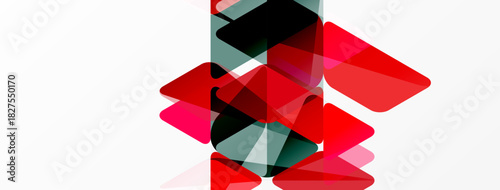 Abstract geometric shapes overlap. Red, gray, black tones dominate white background. Modern design, simple composition.