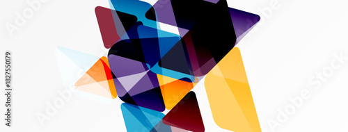 Abstract geometric shapes overlap, creating vibrant color blends. Composition feels dynamic, modern, energetic. White background emphasizes forms.