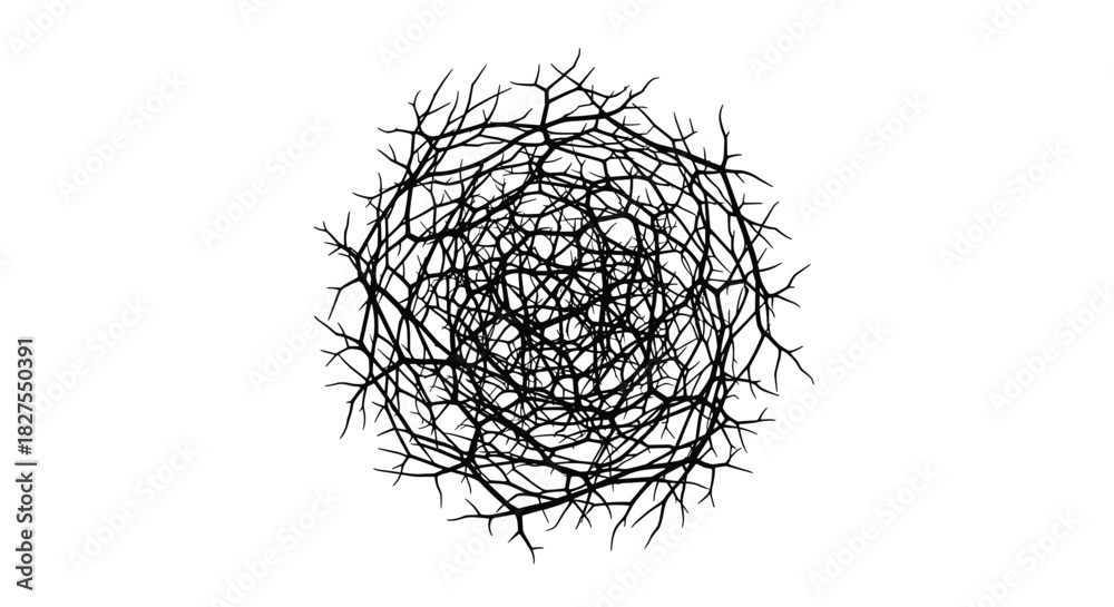 Fototapeta premium A dense, spherical mass of intertwined bare tree branches creates an abstract and complex organic pattern against a clean white background.
