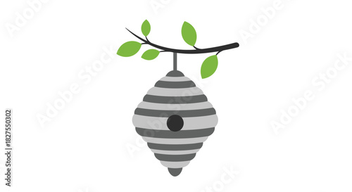 A minimalist illustration of a grey striped beehive or wasp nest suspended from a tree branch with green leaves.