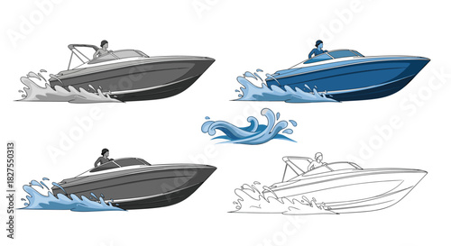 Illustrations of powerboats speeding through water, depicted in grey, blue, and outline styles, with additional water splash graphics.