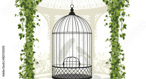 Elegant birdcage with two faint birds inside, hanging from a classic white garden gazebo adorned with lush green ivy columns.