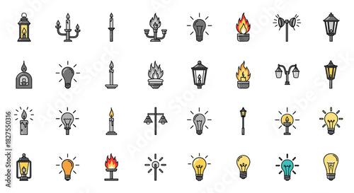 Colorful flat icons depicting various light sources, including candles, lanterns, street lamps, torches, and light bulbs, on a white background.