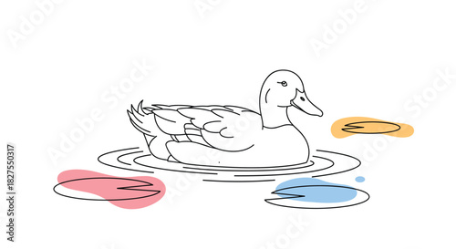 A simple line art illustration of a duck swimming peacefully on water with colorful lily pads, perfect for children's books or nature themes.