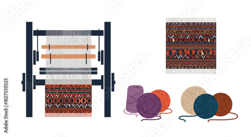Illustration of a weaving loom with a partially woven rug, colorful yarn balls, and a finished patterned textile.