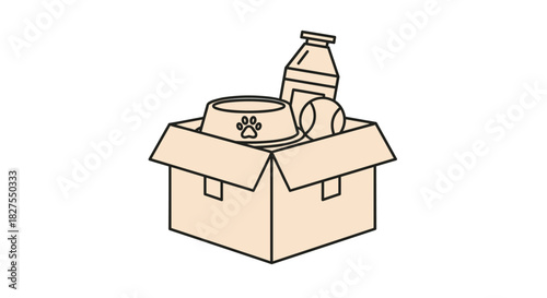 A cardboard box filled with essential pet supplies like a food bowl, water bottle, and a tennis ball, ready for a new furry friend.