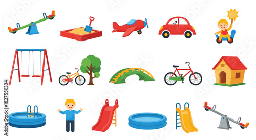 A vibrant collection of playground equipment, children's toys, and outdoor play items, perfect for illustrating childhood recreation.