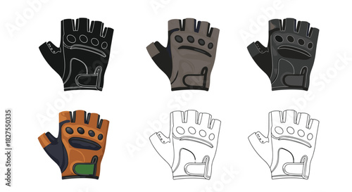A collection of six illustrated fingerless gloves in various colors and outline forms, suitable for cycling, weightlifting, or tactical activities.