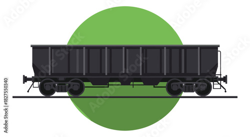 An illustration of a classic dark grey freight train car, a hopper or gondola, standing on railway tracks with a bright green circular backdrop.