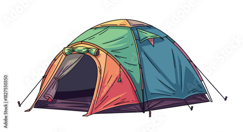 A vibrant cartoon illustration of a colorful dome camping tent with an open entrance, ready for an outdoor adventure.