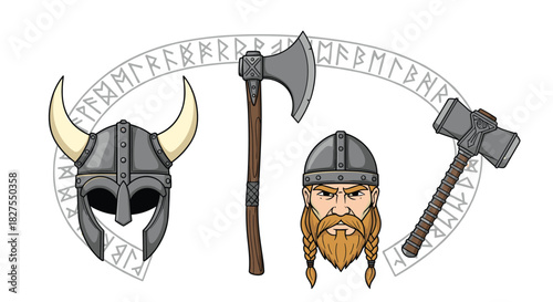 Collection of Viking warrior elements including a horned helmet, battle axe, Mjolnir hammer, bearded face, and runic script.